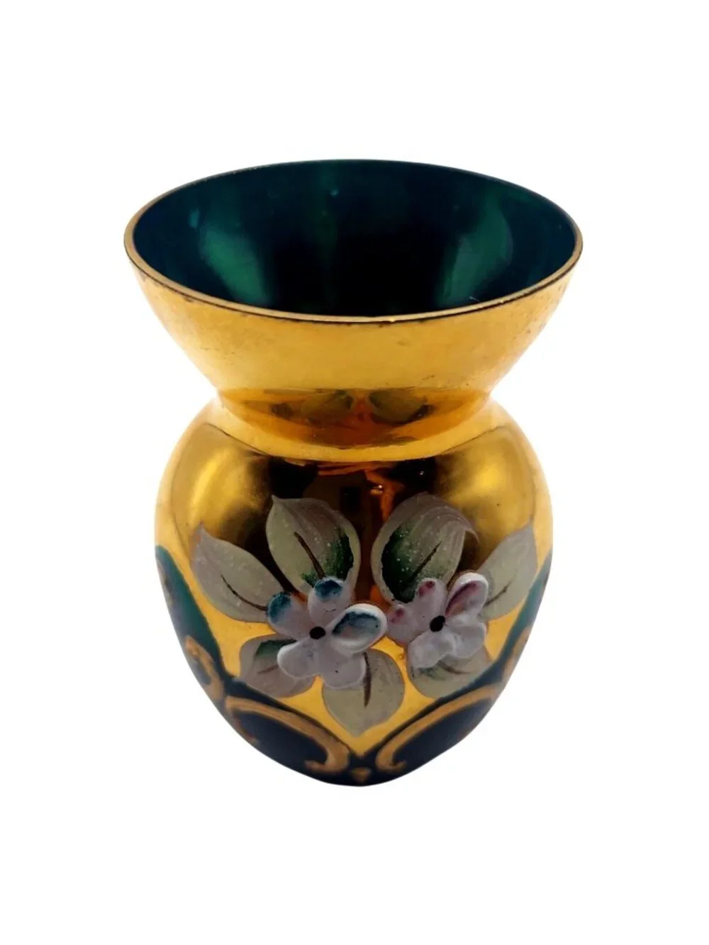 Czech Bohemian Glass Bud Vase Mini Hand Painted Green Floral Gold Trim Vintage